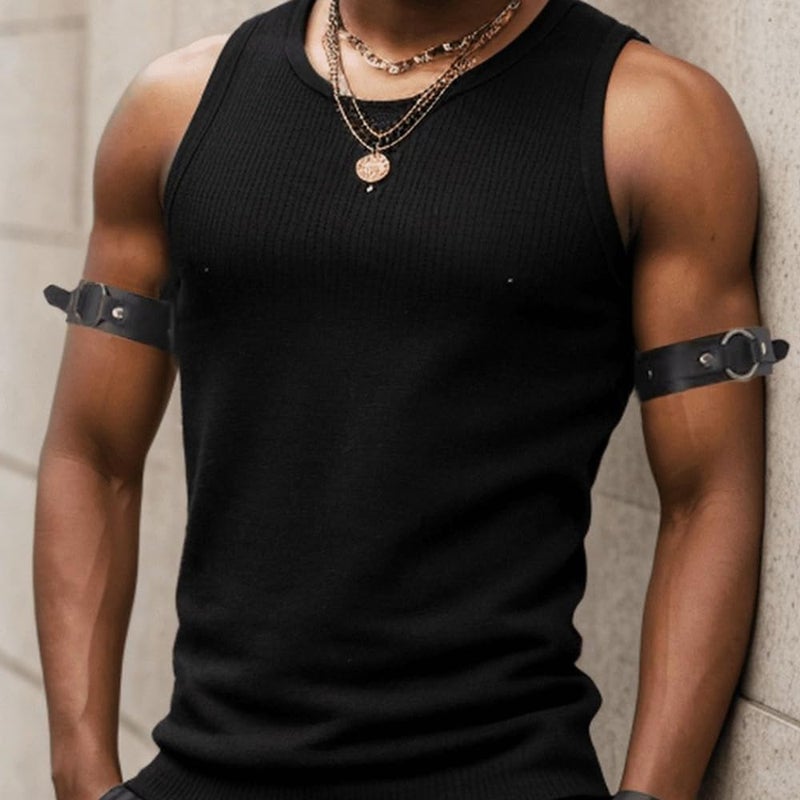 CIXVOEMK Gothic Leather Arm Band, Adjustable Upper Arm Strap with Metal Ring,Armlet Black - Image 2